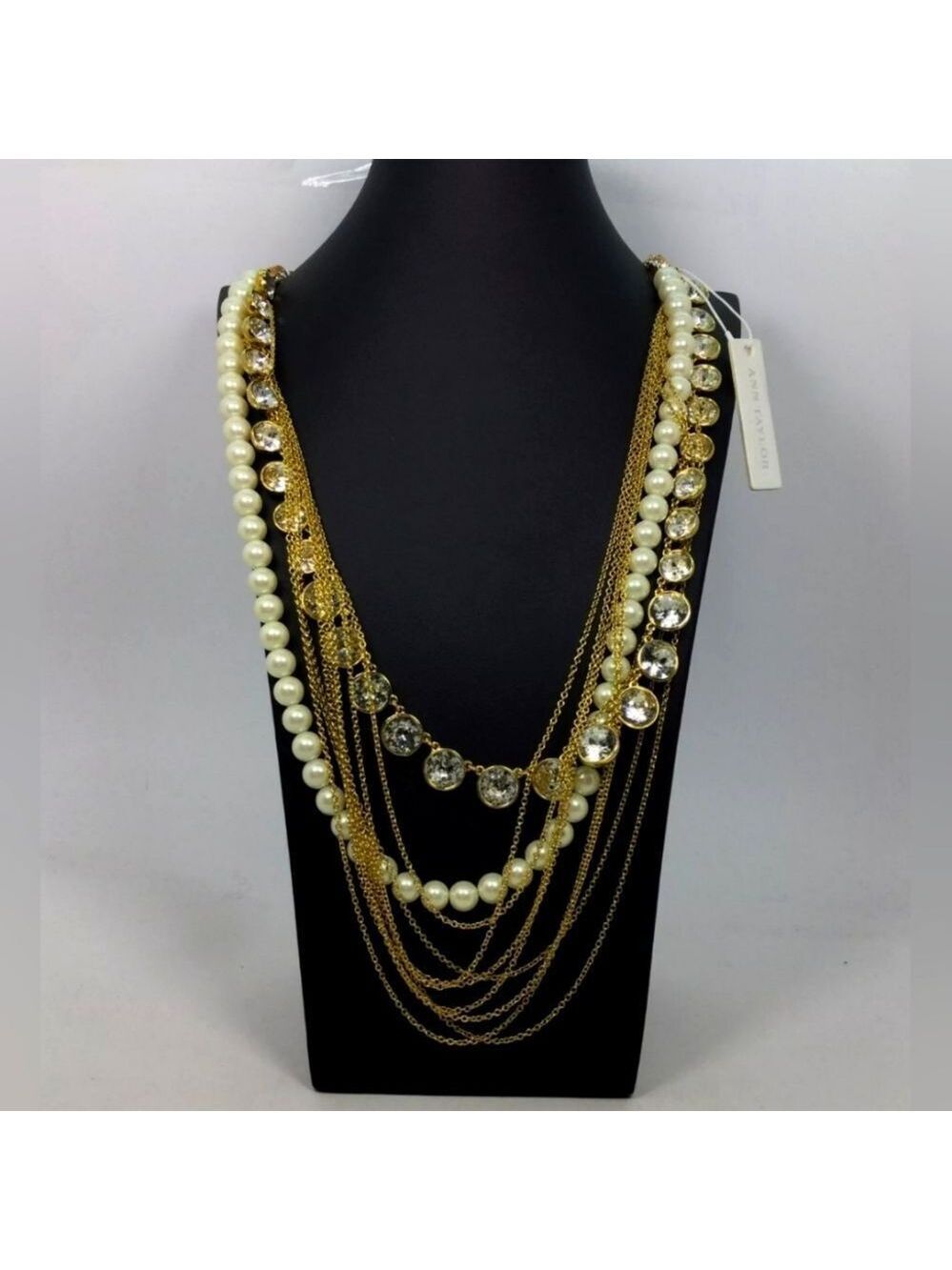 Ann Taylor Goldtone Faux Pearl Layered Chain Necklace NWT